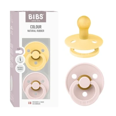 Afbeelding van BIBS Kleurfopspeen 2 pack, BPA vrije fopspeen met ronde , natuurlijk rubber latex, gemaakt in Denemarken, maat 1 (0 6 maanden), bleke boter/bloemblaadje