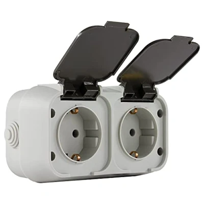 Afbeelding van REV 0510226777 standaard, dubbel stopcontact voor vochtige ruimtes, IP44, opbouw, grijs