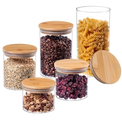 Afbeelding van KADAX Glazen container met bamboedeksel, vaatwasmachinebestendige voorraadpotten, luchtdichte voorraaddozen, opbergglas, opbergdoos voor spaghetti, meel, muesli of koffie (set van 5)