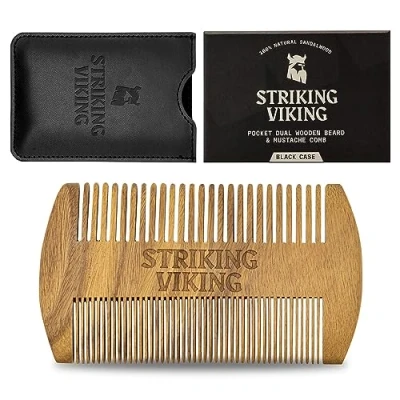 Afbeelding van Striking Viking Baardkam en etui van sandelhout, baard snorkam hout in zakformaat met fijne grove tanden, perfect voor gebruik balsems oliën, zwart