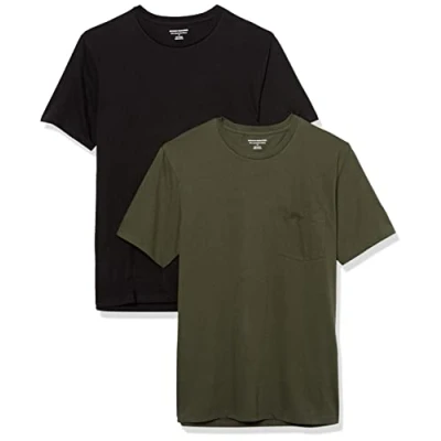 Afbeelding van Amazon Essentials Heren Slim Fit T shirt met korte mouwen en ronde hals, 2 stuks, zwart/olijf, XS