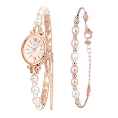 Afbeelding van JewelryWe Vrouwen Bangle Armband Horloge Set Parel Ovale Quartz Analoge Jurk Horloges,