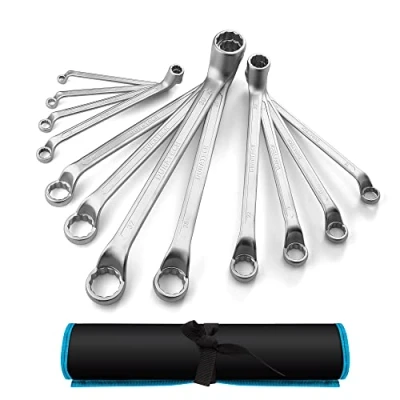 Afbeelding van DURATECH Offset dubbele ringsleutelset, 12 delige metrische doos eindsleutelset met draagtas, chroom vanadiumstaal, mat verchroomd, DIN 838, 75 graden offset, 6 32 mm, punts