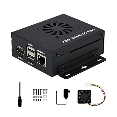 Afbeelding van Waveshare Mini computer gebaseerd op Raspberry Pi Compute Module 4 (niet inbegrepen), CM4 IO BASE B binnenin, metalen behuizing, met ventilator, onboard aansluitingen CSI/DSI/HDMI/USB/RJ45 enz.