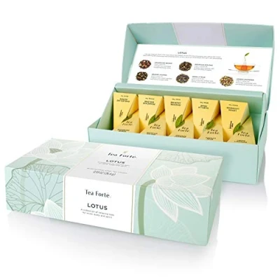 Afbeelding van Tea Forte Lotus Ontspannende biologische thee, kleine presentatiedoos, Sampler cadeauset met handgemaakte piramide infuser, 10 stuks (pak van 1)