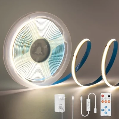 Afbeelding van PAUTIX COB LED strip wit 4000K, 3m 480LEDs/M dimbaar 24V flexibele stripverlichting set met RF afstandsbediening en voeding, CRI 85+ helder onderkastlicht voor thuis DIY decoratie, timerfunctie