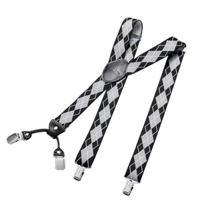 Afbeelding van DonDon brede bretels 3,5 cm 4 Y vormige leren clips elastisch en in lengte verstelbaar Plaid zwart grijs wit