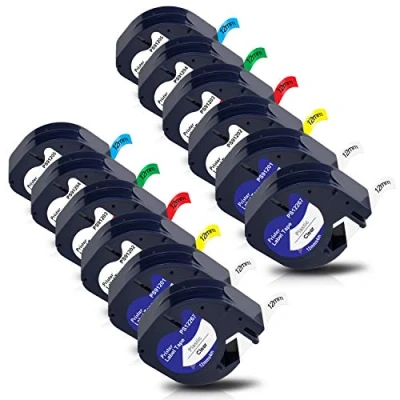 Afbeelding van 12X Pristar Compatibel Plastic Tape Vervanging voor Dymo LetraTag 12267 91201 91202 91203 91204 91205 Label Maker, Zwart op Helder/Wit/Geel/Rood/Groen/Blauw