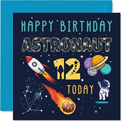 Afbeelding van 12e verjaardagskaart jongen ruimte astronaut kosmos gelukkige 12 jaar oud meisje, twaalf twaalfde meisjes jongens verjaardagskaarten, 145mm x wenskaart voor zoon dochter nichtje neef kleinzoon
