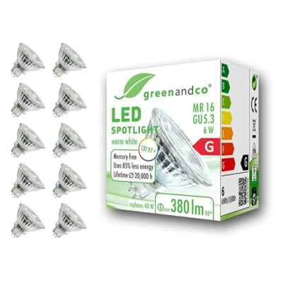 Afbeelding van 10x greenandco® CRI97+ 2700K 36 LED spot vervangt 40W GU5.3 MR16, 6W 380lm warm wit 12V AC/DC, flikkervrij, niet dimbaar