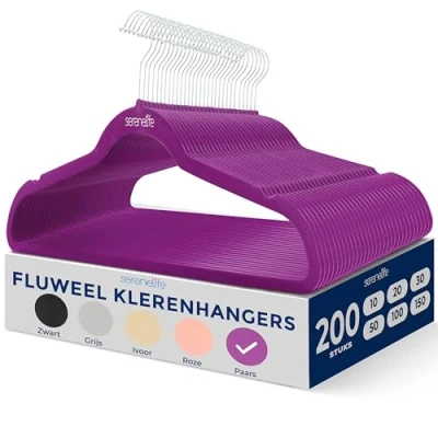 Afbeelding van SereneLife Kleerhangers, Fluwelen Hangers, Antislip Duurzame Kledinghangers Set 200 Stuks, Met 360 Draaihaak