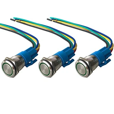 Afbeelding van QitinDasen 3 Stks Premium 19mm Momentary Drukknopschakelaar, 12V/24V 5A Auto Ontsteking Starter Schakelaar, Groene LED Licht IP67 Waterdichte Metalen Schakelaar met Socket Plug Draad