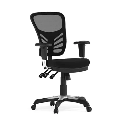 Afbeelding van Zwarte multifunctionele ergonomische draaiende directiebureaustoel met middelhoge rugleuning van gaas en verstelbare armleuningen