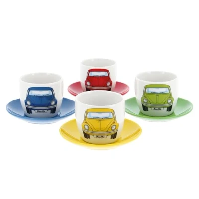 Afbeelding van BRISA VW Collection Volkswagen keramische espressokopjes, koffie/thee cappuccinoset in kever design (voorkant van de kever, 4 kleuren/set 4, 100 ml)