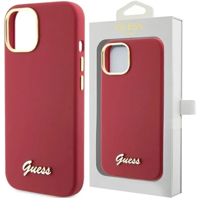 Afbeelding van Guess Silicone Script Metal Logo &amp; Frame hoesje voor iPhone 15 rood