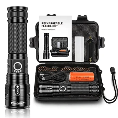 Afbeelding van XHP70 Led zaklamp, oplaadbaar, 200.000 lumen, extreem helder, waterdicht, tactische werkt op batterijen, 5 lichtmodi, voor kamperen, wandelen, noodgevallen (zwart)