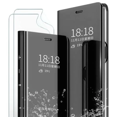 Afbeelding van MLOTECH Beschermhoes voor Samsung S10 Plus, Cover + Screenprotector [2 Stuks] Flip Clear View Transparant, Spiegel, Standing 360 hoes, Schokbestendig, Smart Bumper, zwart