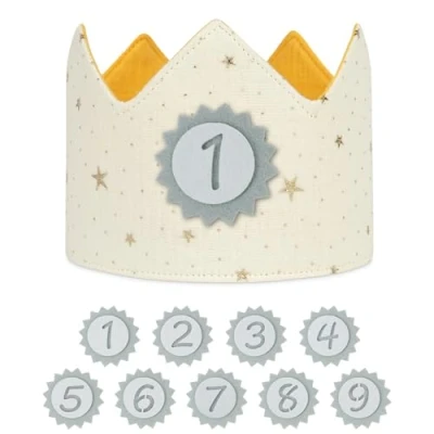 Afbeelding van URAQT Verjaardagskroon voor kinderen, stoffen verjaardagskroon, verjaardag jongens en meisjes, met Happy Birthday spreukenlint verwisselbare cijfers van 0 tot 9, wit
