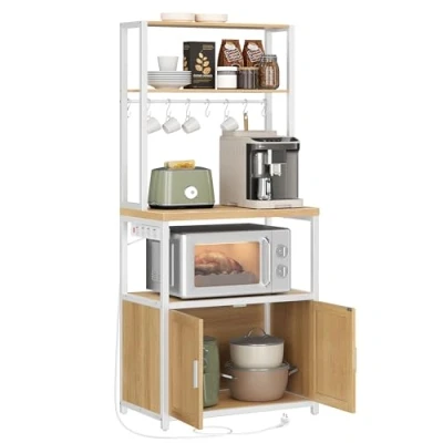 Afbeelding van VASAGLE Keukenplank met stopcontacten, Keukenkast, 90 cm hoog aanrechtblad, Vrijstaande plank 8 haken, 40 x 60 170 cm, Gouden Eiken en Wolkenwit KKS058Y02