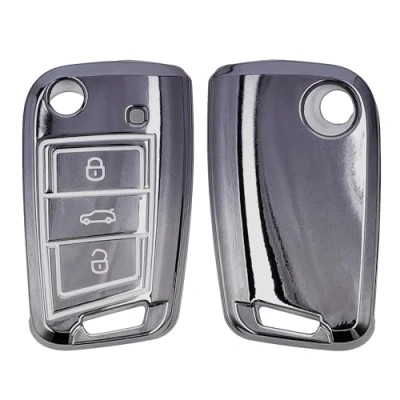 Afbeelding van kwmobile autosleutel hoesje geschikt voor VW Golf 7 MK7 3 knops hoes TPU behuizing Beschermende auto sleutel case Sleuteletui in donkergrijs / zilver