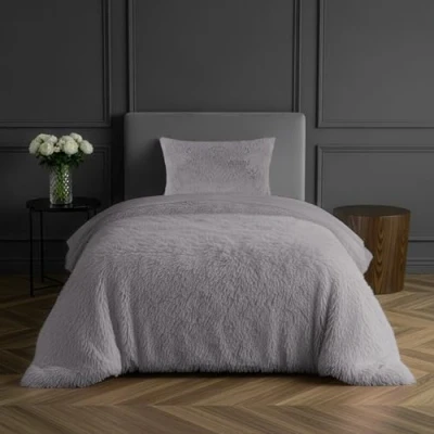 Afbeelding van Sleepdown Fleece Luxe Lange Stapel Faux Bont Zilver Super Zacht Gemakkelijk Onderhoud Dekbedovertrek Quilt Beddengoed Set met Kussensloop Eenpersoons (135cm x 200cm)