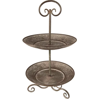 Afbeelding van Clayre &amp; Eef Etagère 2 laags Ø 28x53 cm Grijs Groen Ijzer Serveerschaal