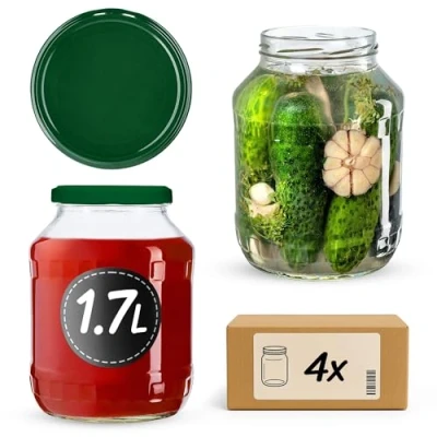 Afbeelding van KADAX Weckpotten, 1,7 liter, inmaakpotten, diameter van 89 mm, komkommerglas, ronde potten met schroefdeksel (groen deksel, 4 stuks)