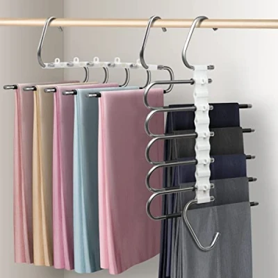 Afbeelding van devesanter Broekhanger, kledinghanger, ruimtebesparend, 2 stuks, antislip, opvouwbare multifunctionele hangers voor broeken, sjaals, jeans, kleding, handdoeken (zwart met 10 clips)