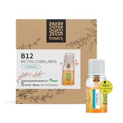 Afbeelding van basics vitamine B12 methylcobalamine maandkuur, 30 x 10 ml flesjes hoge dosis &amp; glutamine ter vermindering van vermoeidheid en