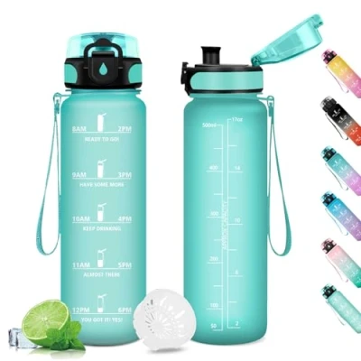 Afbeelding van Drinkfles 500 ml, fles met filter, lekvrije fles, kinderfles, sportfles motiverende tijdweergave, drinkflessen voor kinderen, fitnessstudio, camping, gym