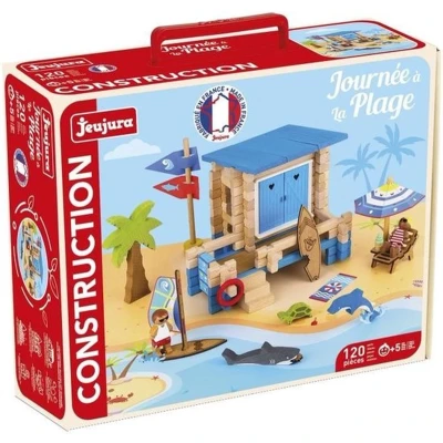Afbeelding van Dag op het strand 120 stuks JEUJURA Natuurlijk houten constructiespel, inclusief mat en accessoires, 32x27x11 cm