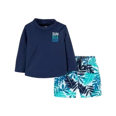 Afbeelding van Simple Joys by Carter&#039;s Badpak voor babyjongens met Trunk en Rashguard Set Rash Guard, Navy Wit Tropisch, 12 Maanden