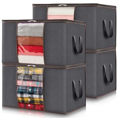 Afbeelding van Lifewit 4 pack Opbergtas voor Kleding, Opbergtassen Dekens, Dekbedden, Opvouwbare Kledingopslag met Versterkt Handvat, Stevige Ritssluiting, Kijkvenster, 60L, Grijs