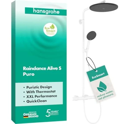 Afbeelding van hansgrohe Raindance Alive S Puro waterbesparend Douchesysteem (EcoSmart) met thermostaat, regendouche (300 mm) douchekraan, handdouche, doucheslang, glijstang en douchekop, mat wit, 24593700
