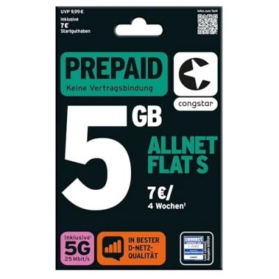 Afbeelding van congstar Allnet Flat Plus [SIM, Micro SIM en Nano SIM] Maandelijks Rolling Contract (1 GB vaste data bij 21 Mbit/s, in alle Duitse netwerken)