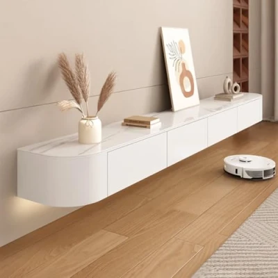 Afbeelding van Ribanedy Moderne Zwevende TV meubel, Wandgemonteerde Massief Houten kast met Opslag, Mediaconsole voor Woonkamer en Slaapkamer (Textuur + Wit, 260 cm)