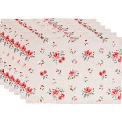 Afbeelding van Clayre &amp; Eef Placemats Set van 6 48x33 cm Beige Katoen Rechthoek Rozen Tafelmat