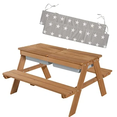 Afbeelding van roba Massief Houten Kinderpicknicktafel Met Zandbak en Zitkussens Weerbestendig Teak