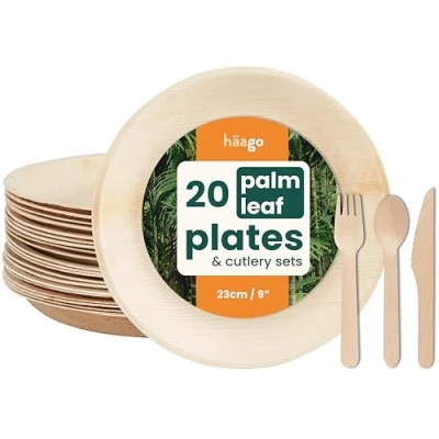 Afbeelding van HAAGO 80 delig Palmblad Servies &amp; Houten Bestek Set (20x 22cm Ronde Borden, 20x Messen, Vorken, Lepels) Biologisch Afbreekbaar Bruiloft Picknick, BBQ Magnetronbestendig