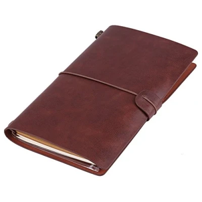 Afbeelding van Klassiek reisnotitieboek van PU leer, gepersonaliseerd dagboek, navulbaar notitieblok voor mannen en vrouwen, 5 kleuren optioneel donkerbruin