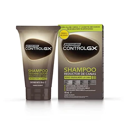 Afbeelding van Just For Men Control GX Shampoo en haarkleurmiddel voor heren, vermindert grijze haren bij elke wasbeurt, met kokosolie aloë vera, alle tinten, 118 ml