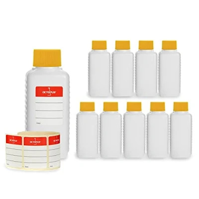 Afbeelding van 10 x 100 ml Octopus kunststof flessen, HDPE plastic flessen met gele schroefsluitingen, lege schroefdeksels, vierkante incl. etiketten