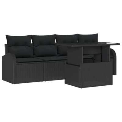 Afbeelding van vidaXL 5 delige Tuin Sofa Set met Kussens Zwart Poly Rattan, 2 zits Opslag &amp; Rattan