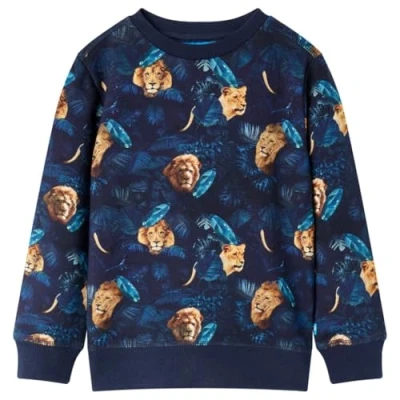 Afbeelding van Kindertrui leeuw en plantenprint 116 marineblauw