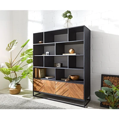 Afbeelding van Boekenkast Famke mango teak 120 cm 10 vakken 2 deuren highboard