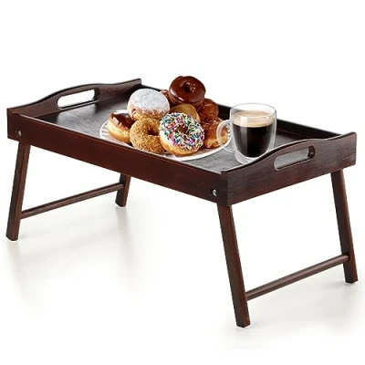 Afbeelding van KADAX Bedtafel, ontbijtdienblad van grenenhout, 19 x 30 50 cm, serveerdienblad, inklapbaar beddienblad, eetdienblad voor ontbijt op bed, bijzettafel (donkerbruin)