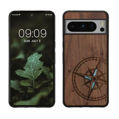 Afbeelding van kwmobile telefoonhoesje geschikt voorGoogle Pixel 8 Pro Hoesje met bumper walnoothout In donkerbruin Parelmoer kompas design
