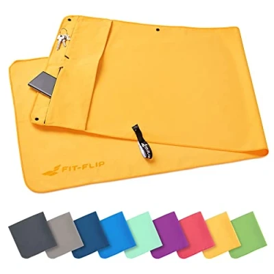 Afbeelding van Fitness handdoek set met vak ritssluiting + magneetclip, voor patent aangemelde multifunctionele handdoek, microvezel (Geel)
