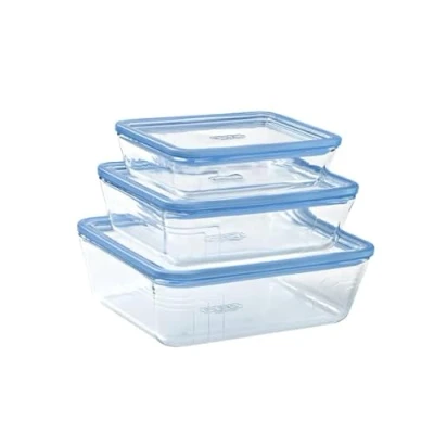 Afbeelding van Pyrex Zero Plastic set van 3 rechthoekige dozen borosilicaatglas glazen deksel ovenbestendig gemaakt in Frankrijk (1 x 0,8 l + 1 1,5 2,6 l)