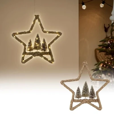 Afbeelding van ECD Germany LED jute ster Ø40 cm, 50 warm witte LED&#039;s, decoratieve kerstster met 3 dennenbomen, zak, batterijen, timer, hangende van touw, kerstverlichting kerstdecoratie binnen